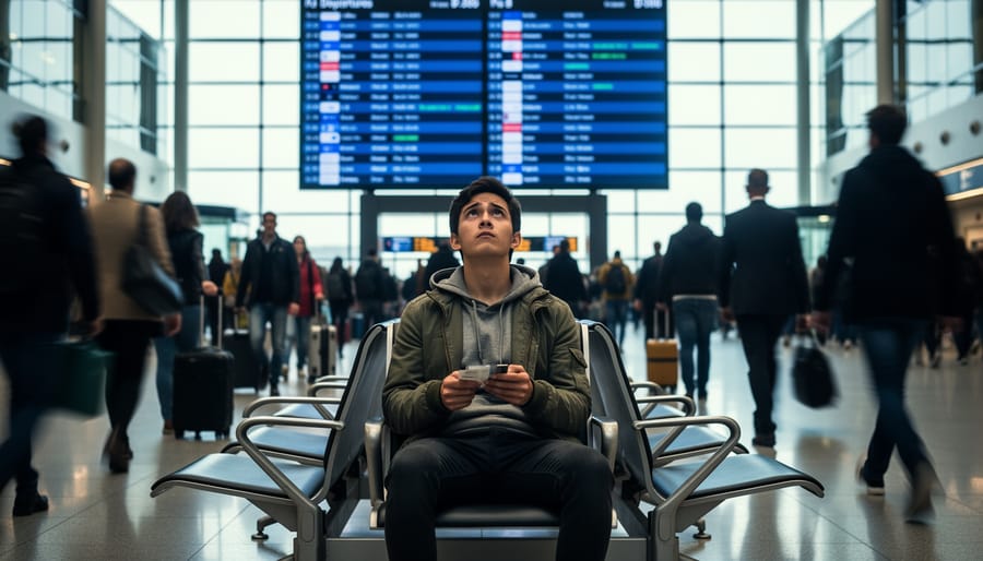 Luggage and travelers near a dark airport departure board in an overcast terminal.