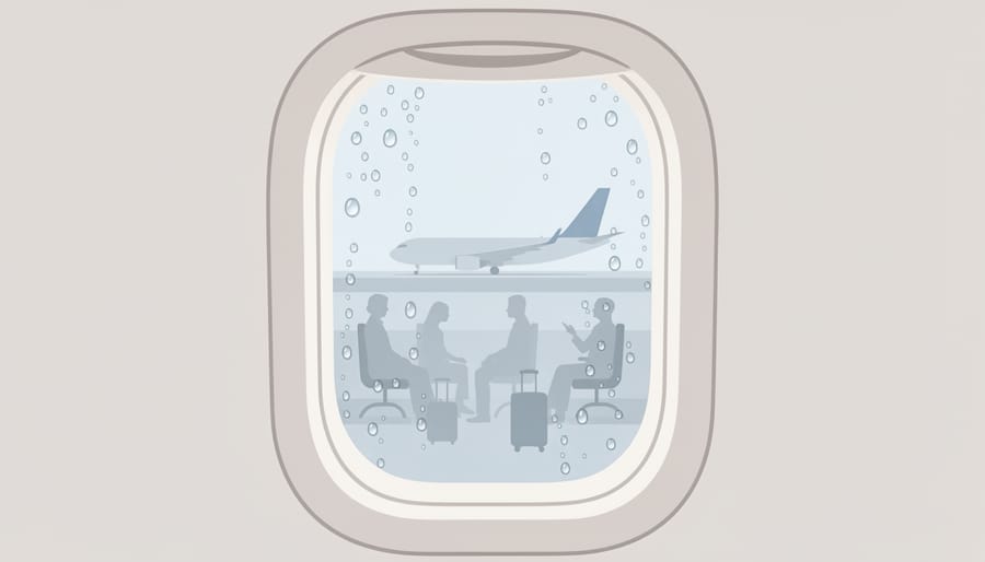 Condensation-covered glass in an airport terminal with blurred travelers in the background