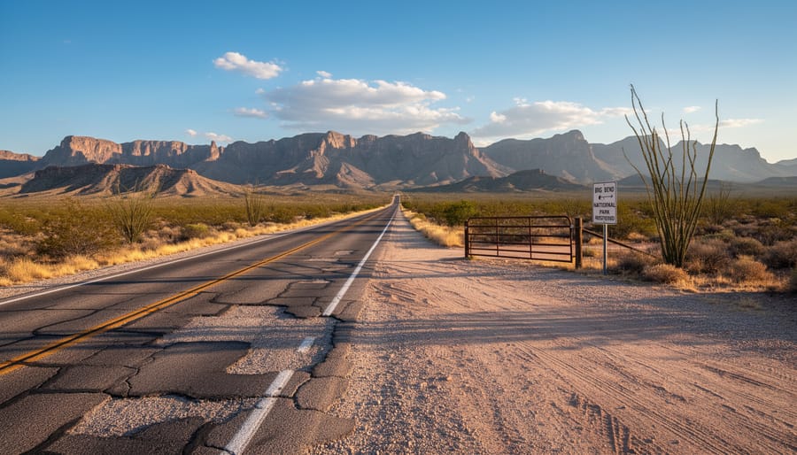 Desert road entering Big Bend National Park with a closed barrier visible near the foreground