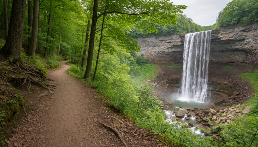 Hikers walking on a forested trail along Ontario’s Niagara Escarpment with a distant waterfall in the background.