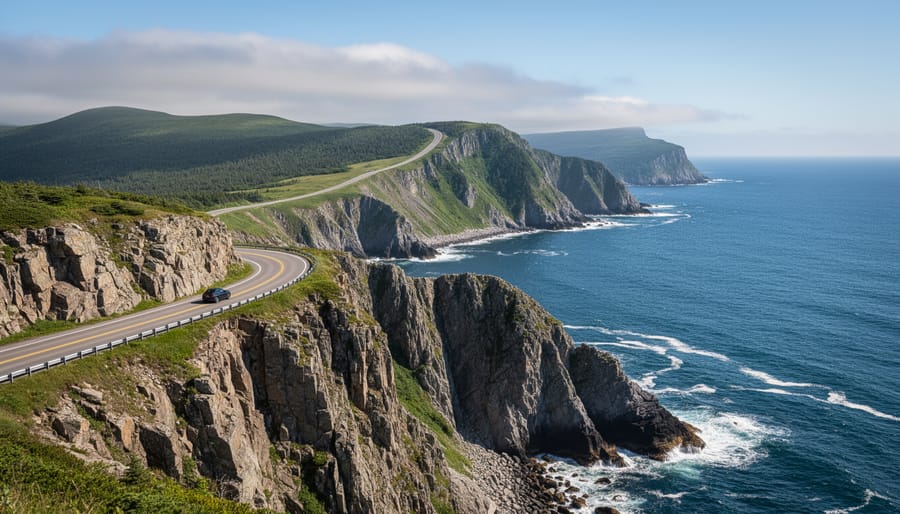 Coastal cliffs and Cabot Trail viewpoint with ocean in the distance at Cape Breton Highlands National Park