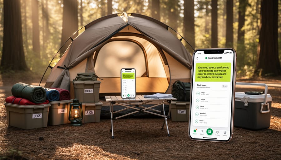 A traveler’s hands holding a smartphone beside camping keys and a blank confirmation email on a picnic table.