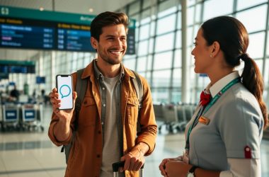 Canadian traveler smiling while greeting a staff member in an airport arrival hall, suggesting the start of a Spanish conversation.