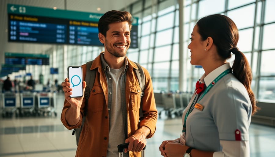 Canadian traveler smiling while greeting a staff member in an airport arrival hall, suggesting the start of a Spanish conversation.