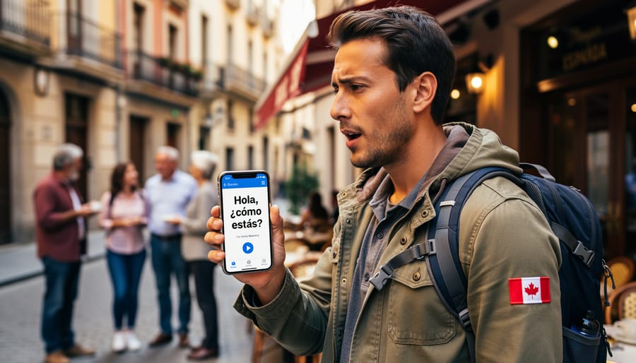 Canadian traveler holding a smartphone while sightseeing in a Spanish-style street setting with no visible readable text
