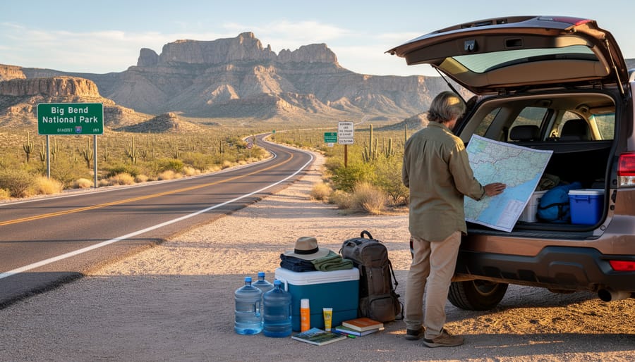 Traveler preparing a car at a Big Bend National Park entrance area with desert scenery in the distance