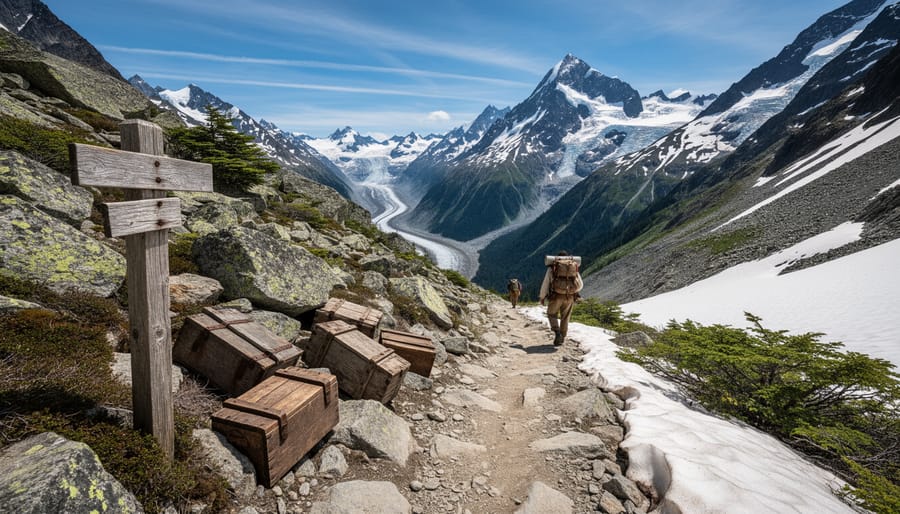 Hikers on a rugged northern trail through spruce forest in the Chilkoot Trail area near the Yukon and British Columbia border region.