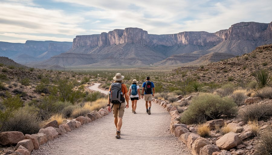 Hikers on a rocky trail with the Chisos Basin mountains in the background