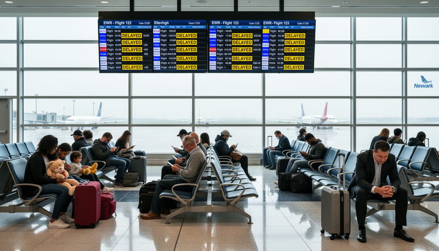 Passengers sitting with carry-on luggage at Newark airport near a gate while waiting for flight updates