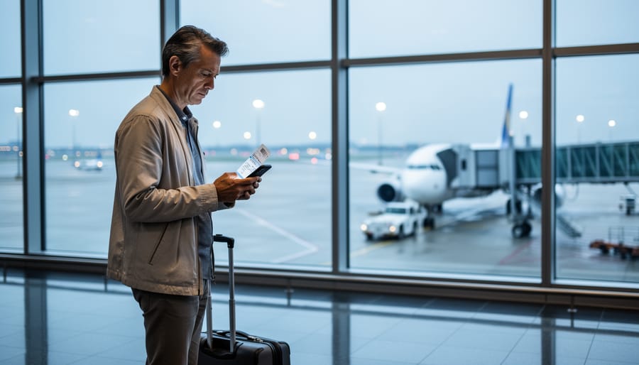 Passenger holding a boarding pass and checking a phone near Newark Liberty Airport with an aircraft at the gate in the background