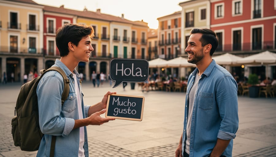 Two travelers exchanging a friendly greeting outdoors with smiles and attentive body language