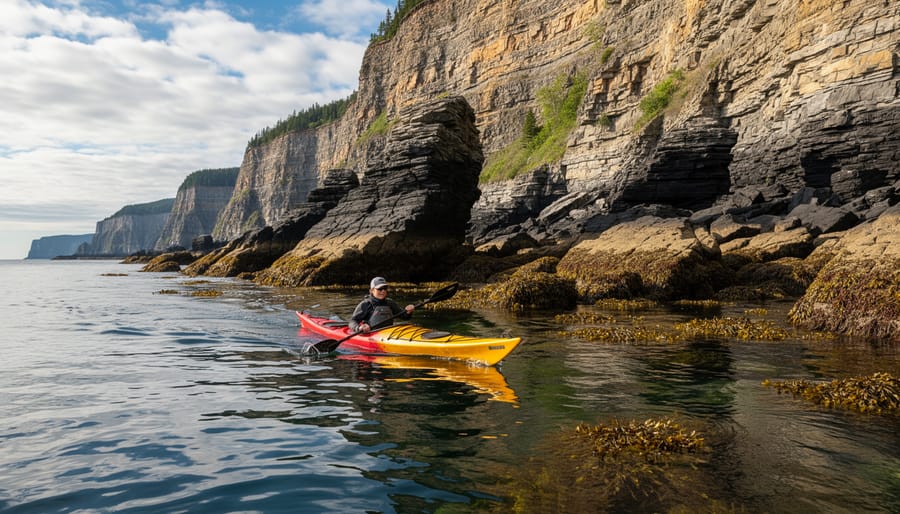 Kayak paddler on tidal waters near Fundy coastal cliffs at golden hour