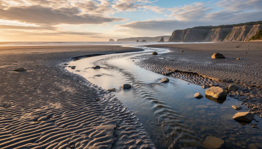 Mudflats at low tide with waterfalls and rocky shoreline in Fundy National Park