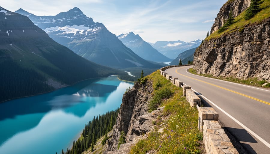 Going-to-the-Sun Road in Glacier National Park with alpine lake and mountains