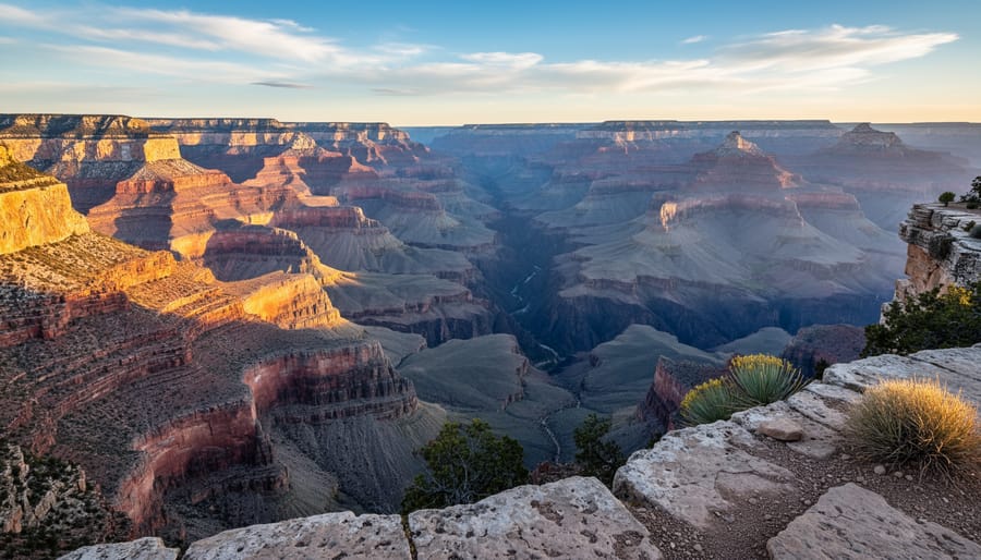 Grand Canyon view from the South Rim with layered rock formations in warm sunlight