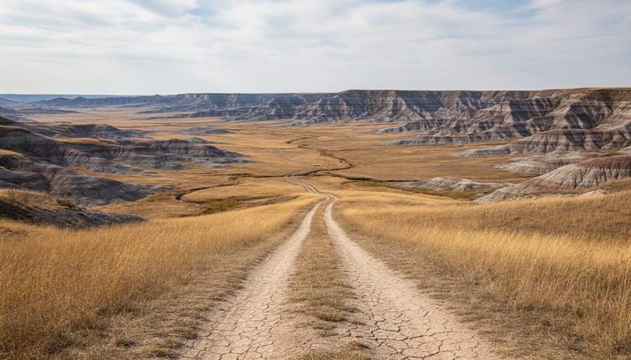 A prairie hiking path with bison grazing and distant badlands formations under a vast blue sky in Grasslands National Park.