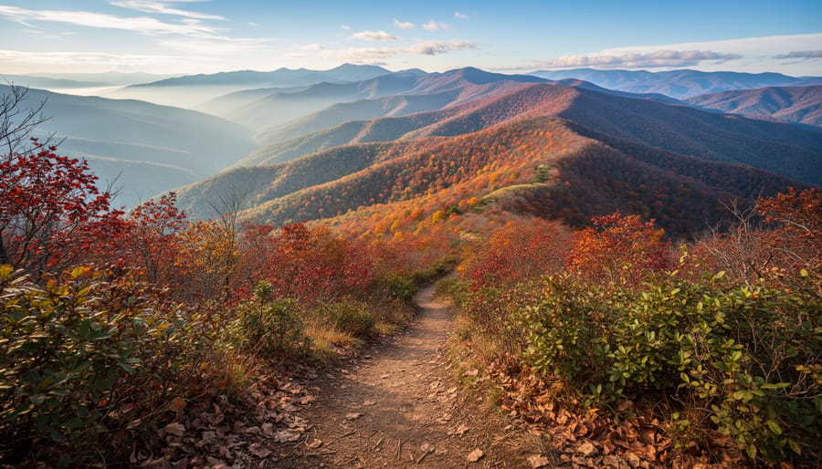 Fall foliage and mountain ridges in Great Smoky Mountains National Park with a hiking trail in the foreground