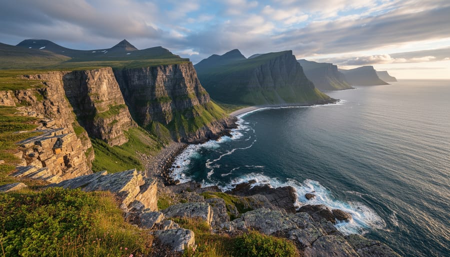 Rocky cliffs and fjord views with a hiking path in Gros Morne National Park