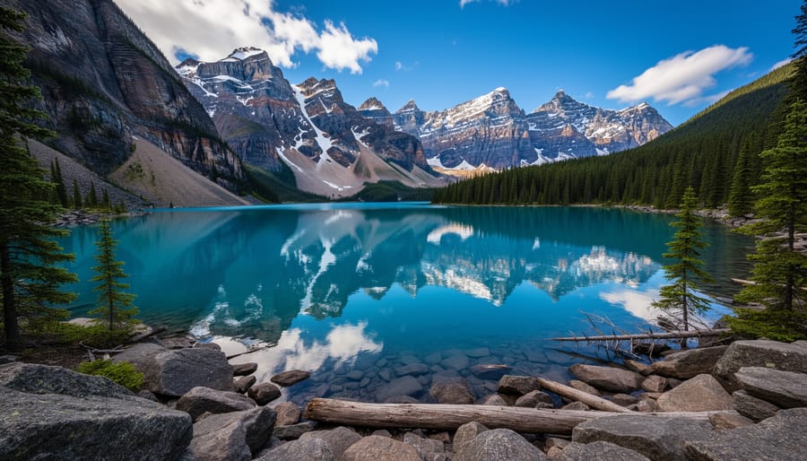 Hikers enjoying the view from Moraine Lake shoreline in warm golden hour light