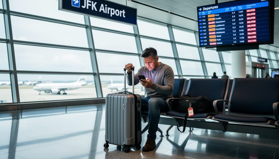 Traveler sitting with a rolling suitcase at JFK while checking their flight status on a phone