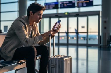 “Traveler at JFK airport sitting with a rolling suitcase while checking flight status on a phone.”
