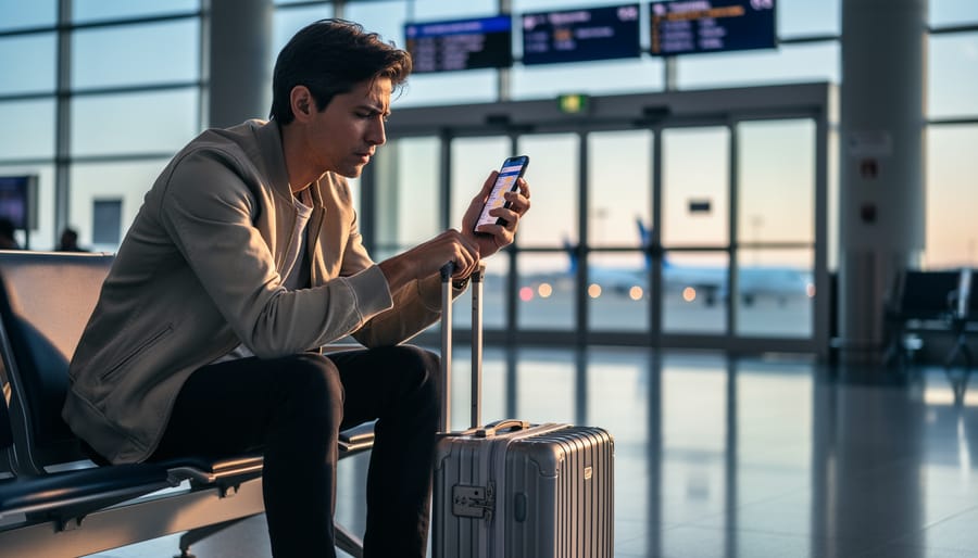 “Traveler at JFK airport sitting with a rolling suitcase while checking flight status on a phone.”