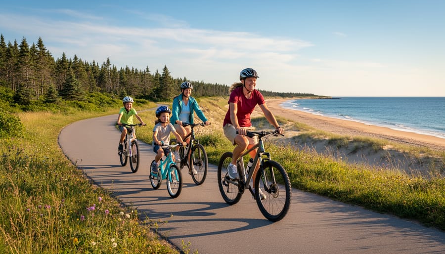 A family cycling on a flat trail near Kouchibouguac boardwalk and dunes