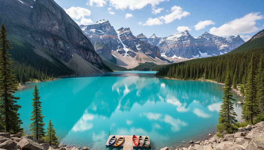 Lake Louise shoreline with turquoise water and surrounding mountains in Banff National Park