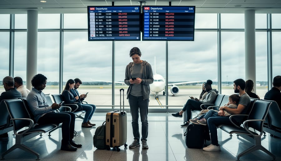 Travelers with suitcases wait at an airport gate near LaGuardia while one checks their phone.