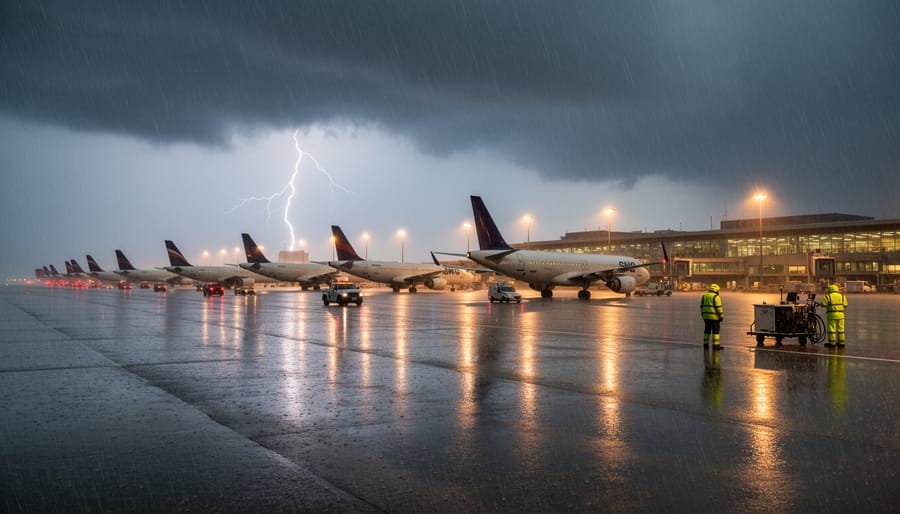 Commercial aircraft parked on a rain-slick tarmac with heavy storm clouds overhead at the airport.