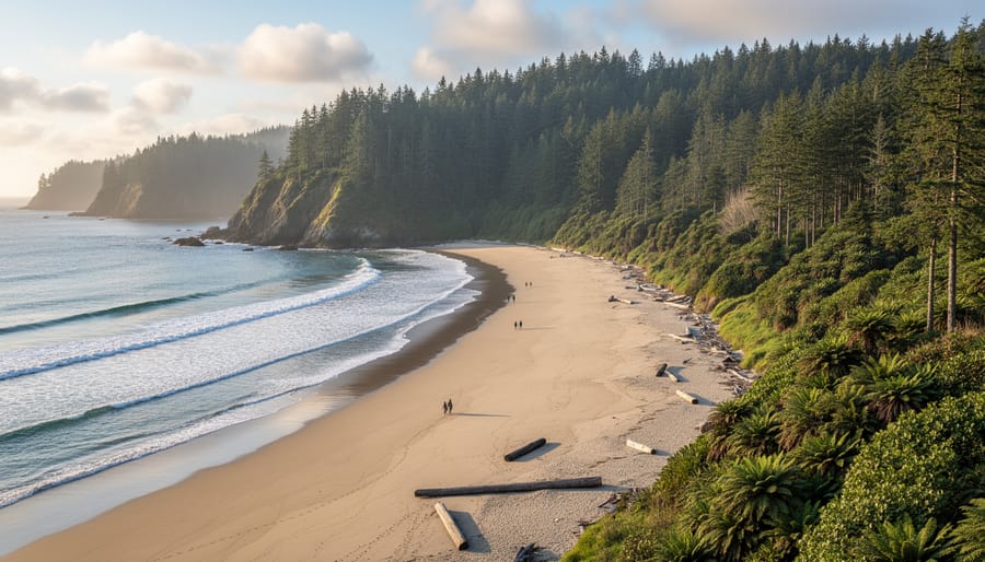 Hikers on the wet shoreline at Long Beach in Pacific Rim National Park Reserve