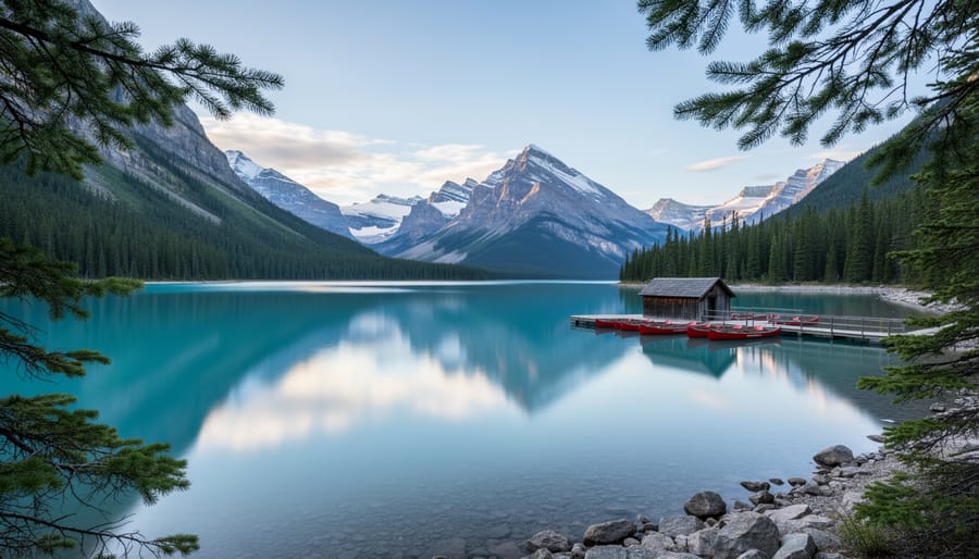 Maligne Lake with calm water and distant mountains in Jasper National Park