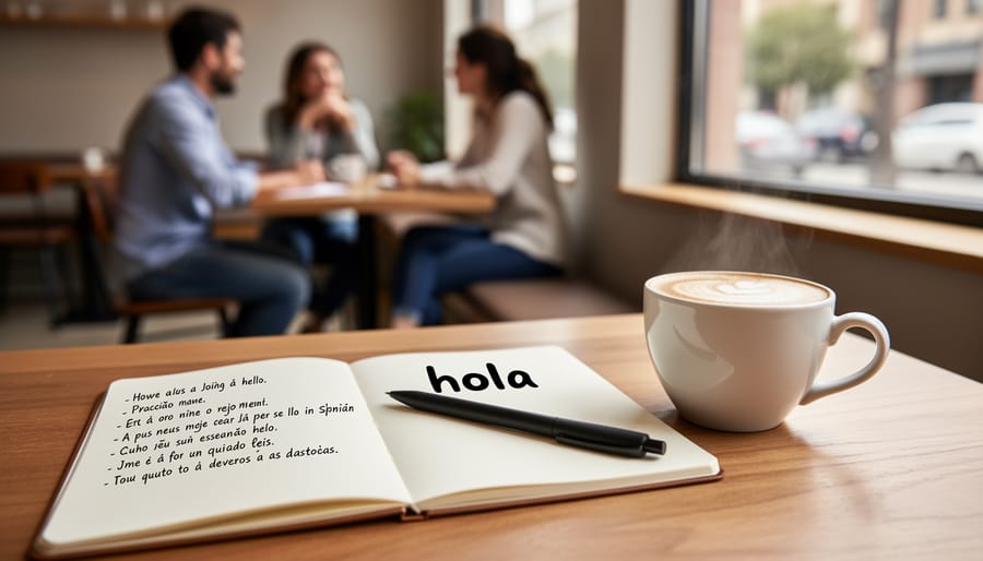 Close-up of a traveler’s notebook and pen on a café table with blurred background cups