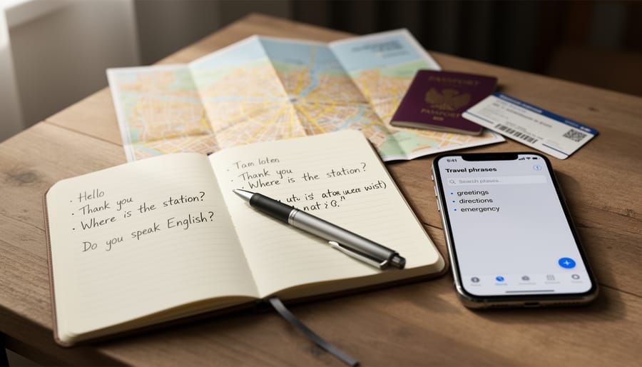 Travel phrase notebook and smartphone on a table next to a backpack