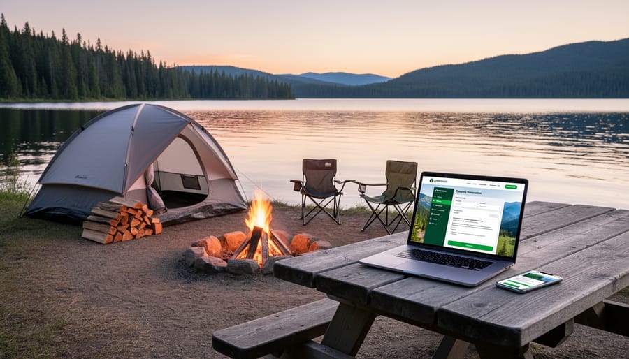 A tent pitched at a campsite beside a lake at dusk with pine trees in the background.
