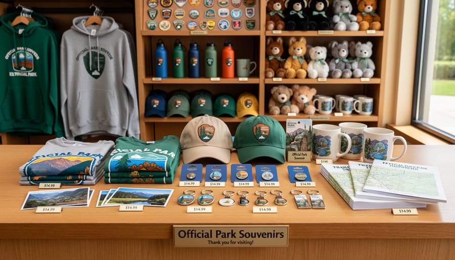 Parks Canada gift shop checkout counter with souvenir items and a payment terminal in view.