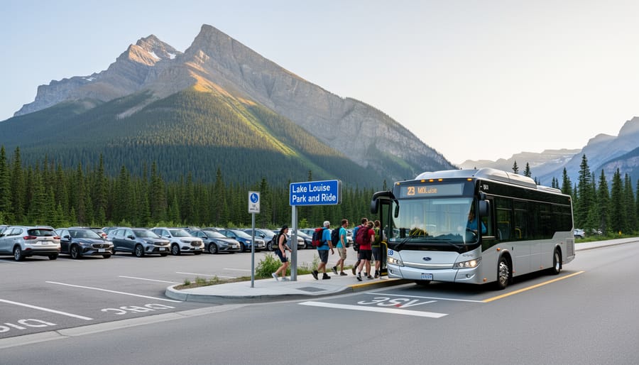 Parks Canada shuttle bus arriving at the Lake Louise Park and Ride