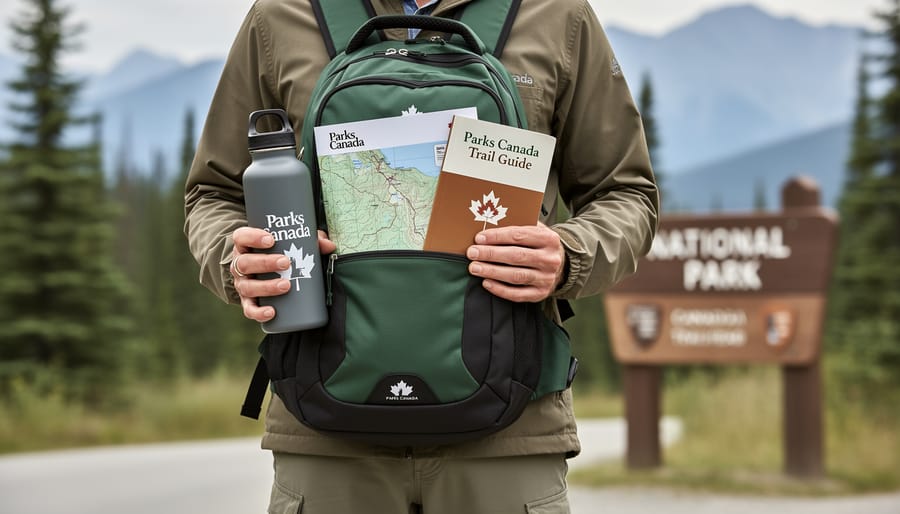 Close-up of a traveler holding a Parks Canada cap and tote with a blurred park landscape in the background.
