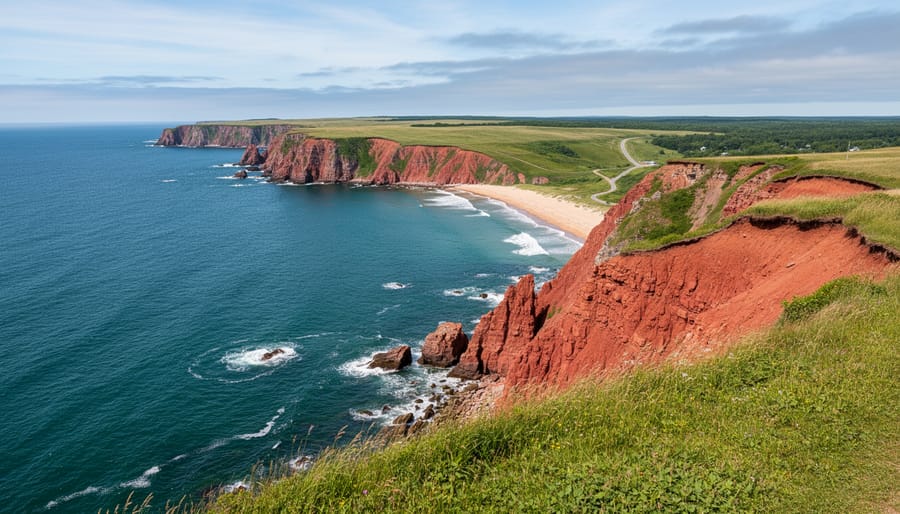 Red sandstone cliffs and a sandy beach along Prince Edward Island’s northern coast under golden hour light