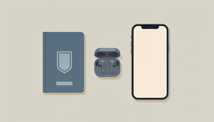 Smartphone, passport, and earphones on an airport seat with no visible screen content.