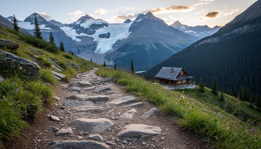 A hiker on a trail near Lake Louise with glacier mountains in the background and a historic teahouse ahead.