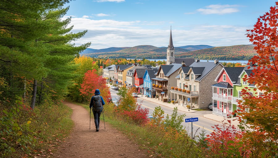 A hiker on a trail near a quaint French-Canadian village with houses and a church in the distance in Québec.
