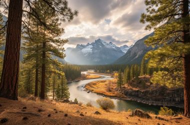 Wide landscape of a US national park showing pine trees in the foreground, a winding river valley, and distant mountains under golden hour light.