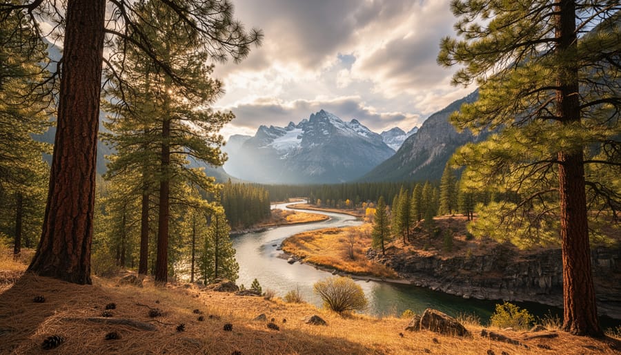Wide landscape of a US national park showing pine trees in the foreground, a winding river valley, and distant mountains under golden hour light.