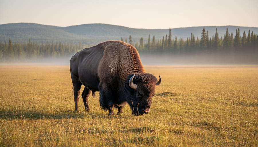 Bison standing in a meadow near forest and Clear Lake in Riding Mountain National Park