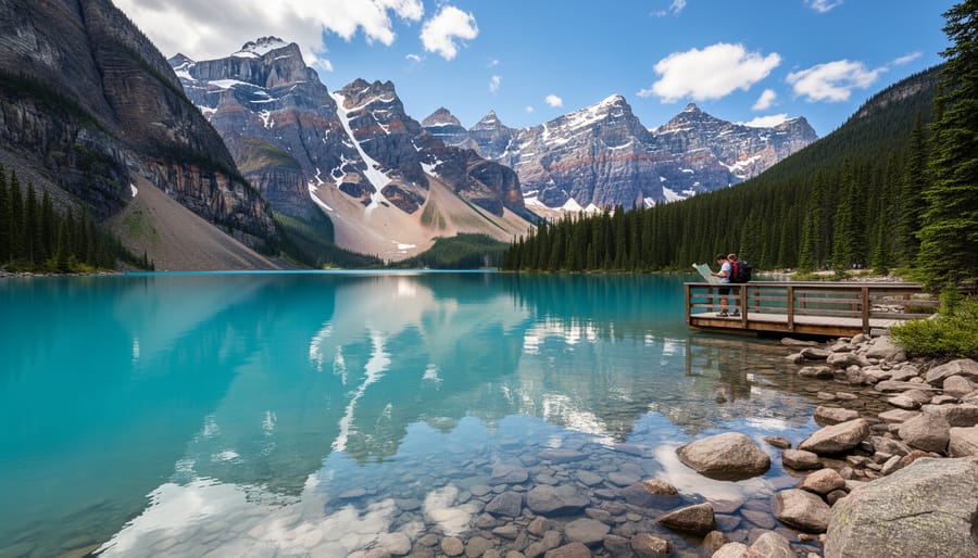 Scenic view of Moraine Lake with turquoise water and surrounding mountains