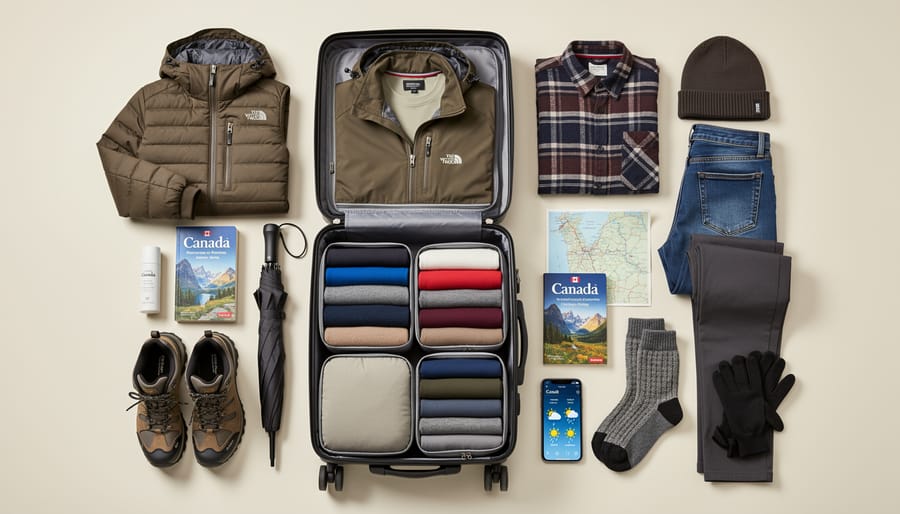 Layered travel clothing and outdoor gear laid out on a cabin bench for Canadian weather