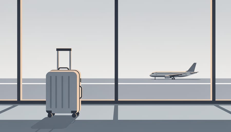 Luggage waiting near an airport gate with an airplane visible in the distance