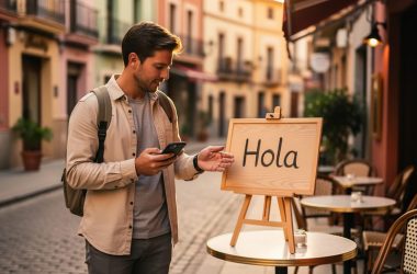 Traveler at an outdoor Spanish street café holding a smartphone and greeting with a “Hola” menu sign nearby in warm golden hour light.