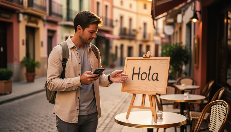 Traveler at an outdoor Spanish street café holding a smartphone and greeting with a “Hola” menu sign nearby in warm golden hour light.